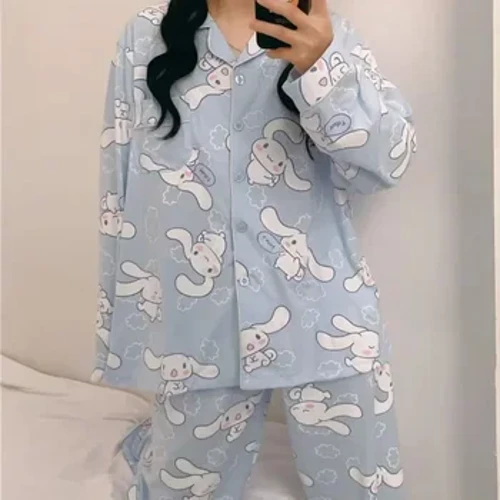 Sanrio Kuromi Cinnamoroll rajzfilm női pizsama Y2k aranyos divatos hálóruha szett női 2 részes hosszú ujjú otthoni öltöny nőknek