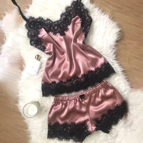 Mote Natttøy Blondestrim Satin Cami Topp Pysjamassett Sexy Hot Erotisk Hjemmeklær Kvinner Pysjamas Kvinner Nattøy Ermeløs stropp