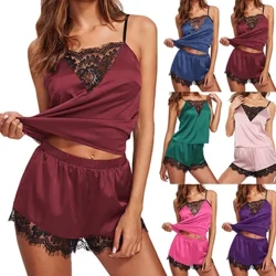 Kadın pijama oymak dantel saten pijama takımı gecelikler yelek üst şort pijama saten ipek kaşkorse iç çamaşırı Нижнее Белье
