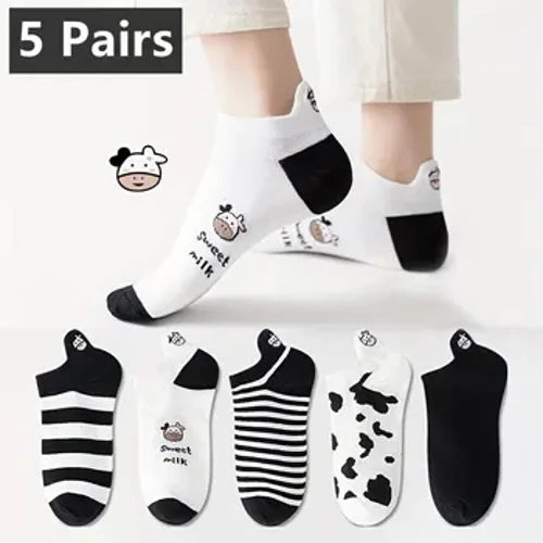 5 pares de calcetines para mujer, calcetines cortos con estampado de vaca encantador, calcetines con estampado creativo, calcetines tobilleros
