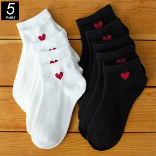 5 Đôi Tất Đen Trắng Vớ Mắt Cá Chân Nữ Xuân Hè Ống Thấp Cotton Thuyền Tất Dễ Thương "Trái Tim Tình Yêu" trường Cao Đẳng JK Bé Gái Tất