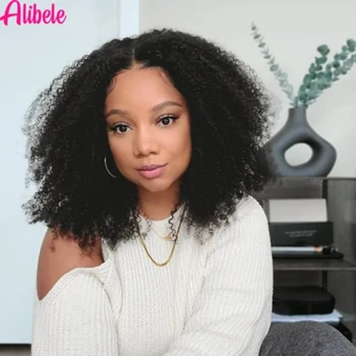 Alibele Mogolian Afro Crespo Ricci U-Part Parrucche Dei Capelli Umani Per Le Donne 180% Densità 4B/4C Mezza Parrucca 2x4 pollici Parte Centrale Parrucche Naturali