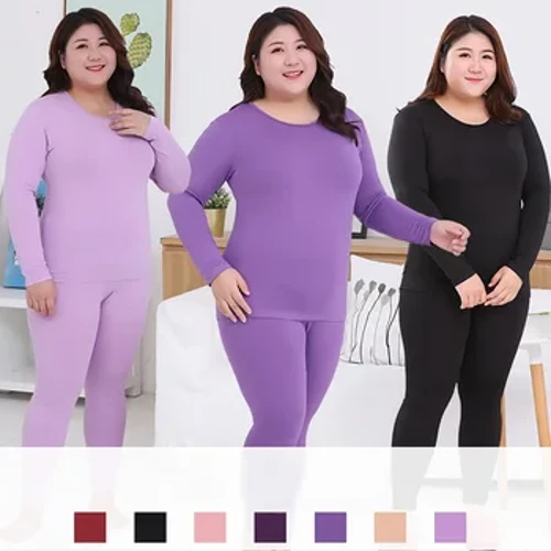 Plus Size Long Johns Dame Termisk Undertøj Dragt 2 stk Varm ensfarve Kropsformet Slank Dame Intim Sæt Kvinde Pyjamas