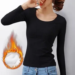 Ropa interior gruesa de invierno para mujer, camiseta con fondo de terciopelo alemán, Top básico liso de manga larga, Jersey térmico de fibra con calefacción cálida