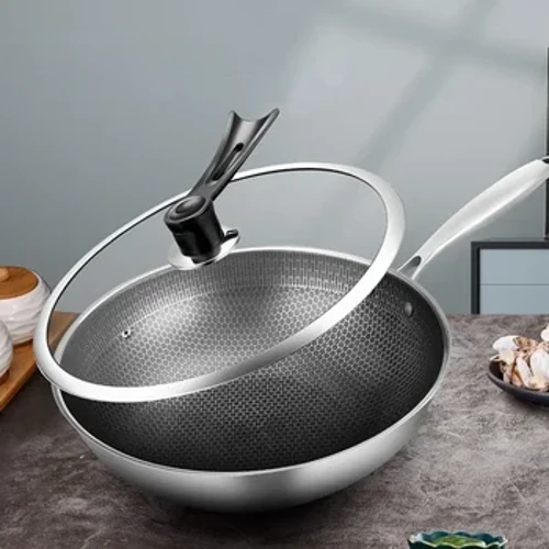 Non-stick tyk Honeycomb Håndlavet ubestrøget rustfrit stål Wok Non-stick 304 Rustfrit stål Gas/induktions kogepande