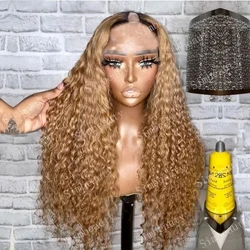 Ombre miel blond rebondissant bouclés V partie 100% perruques de cheveux humains brun doré côté ouvert perruque péruvienne vague d'eau pleine U forme Machine