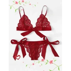 Sexig spets-BH Brief Set Damunderkläder Transparenta BH Trosor Set Kvinna Röd Ultratunna ofodrade underkläderset