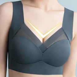Dam Sexig BH Hel Cup Byst Kvinna U Rygg Underkläder Spets Splicing Pespective Bralette V-hals Intimates Underkläder Stor storlek