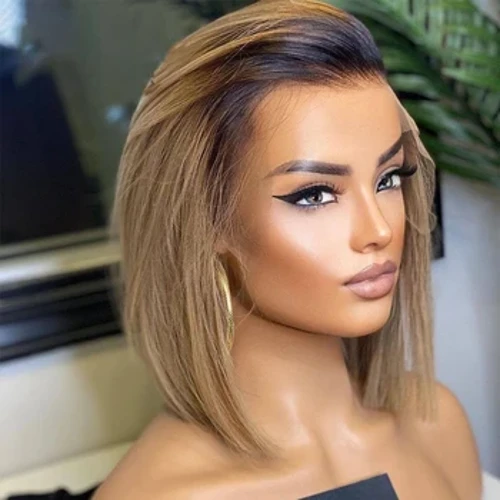Mềm Bob 16 Inch Miễn Phí Một Phần Ombre Tóc Vàng Mềm 13x4Lace Front Wig Châu Âu Do Thái HumanHair Tóc Giả Glueless Preplucked Cho Nữ Màu Đen