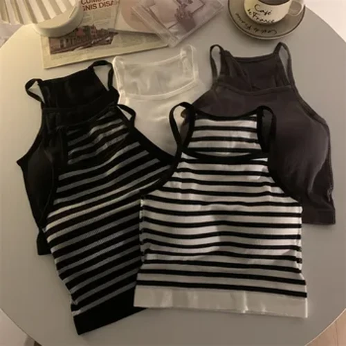 Version coréenne femmes débardeurs fil solide décontracté mode haut court avec coussin de poitrine rayure sans manches vêtements chauds Camisole de base
