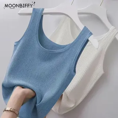Mùa Hè Đan Áo Top Gợi Cảm Không Tay Cổ Tròn Nữ Yếm Màu Nguyên Chất Đen Trắng Áo Thun Màu Trơn Kích Thước Lớn Slim bể