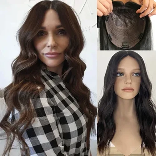 Jewish Topper Mīksts, viļņots Eiropas Virgin Cilvēka Mati Zīda Tops Kosher Sheitels Dabīgs brūns matu gabals baltām sievietēm 8x8 collas