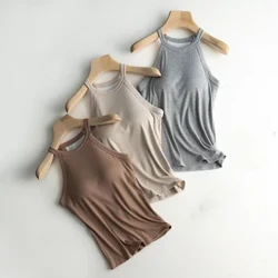 Dasar Solid T Shirt Wanita Slim Halter Neck Off-Shoulder Kamisol Atasan Tees Musim Panas Wanita Tank Tanpa Lengan dengan Dada Pad