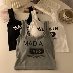 Mùa Thu Nữ In Chữ Crop Bể Giảm Béo Áo Vest Trơn Hợp Thời Trang Mặc Ngoài Bên Trong Mặc Yếm Xe Tăng