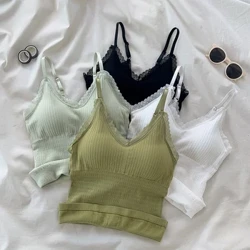 Phụ Nữ Ngực Bọc Yếm Ren Mùa Hè Bể Slim Fit Áo Vest Không Tay Đế Cổ Chữ V Camisoles Dây Đeo Có Thể Điều Chỉnh Miếng Lót Ngực Cao Cấp