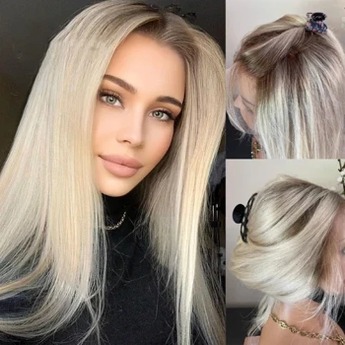 Macio sem cola destaque ombre cinza loira em linha reta 23a grau 13*4 peruca dianteira do laço para o cabelo do bebê feminino europeu peruca judaica de cabelo humano