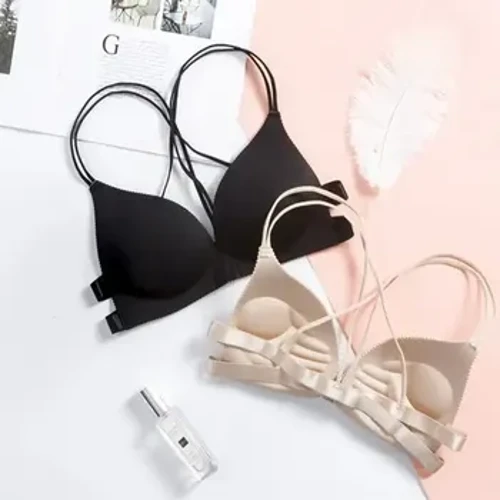 Sutiã feminino sexy com alça cruzada, fivela frontal no peito, sem anel de aço, camada base de massagem, roupa íntima