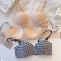 Sutiã de seda gelo sutiã francês para mulher simples sem costura uma peça grossa push cup meninas reunindo sem anéis de aço roupa interior feminina