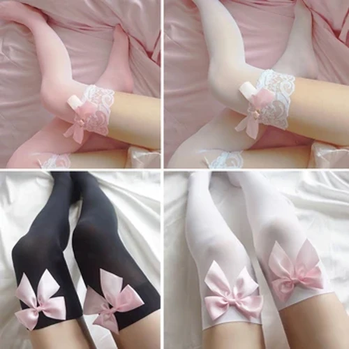 Big Pink Bowknot Szép comb magas térd Szexi Harisnya Lányok Édes Csipke Térd Harisnya Női Szexi Fehérnemű Harisnya