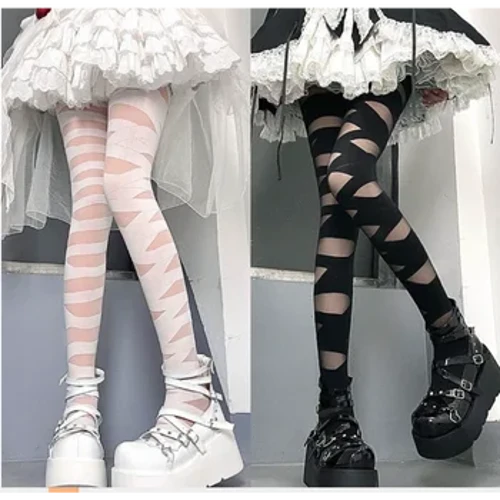 Gothic Dây Đeo Chéo Quần Bông Tai Kẹp Băng Rỗng Trong Mờ Cổ Mỏng Trắng Đen Nhật Bản Buộc Tất Dài
