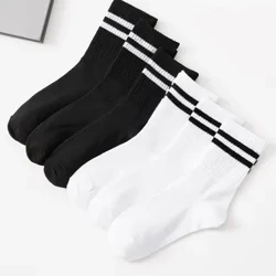6 Pair Damen High Tube Mid-Längt Strumpf Set a Pure Schwaarz a Wäiss mat Parallel Bars Populär a Schweess Absorptioun