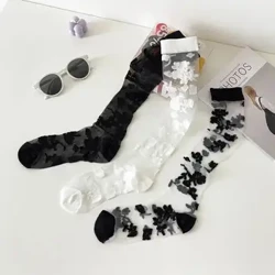 Mùa Hè Siêu Mỏng Trong Suốt Nylon Dài Tất Vớ Thời Trang Nhật Bản Hoa Đầu Gối Vintage Pha Lê Lụa Tất Vớ