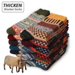 HSS Brand 5 Par Vinter Herrestrømper Tykke fåreuldsstrømper Varme Mænd Retro Stil Farverige Mode Man Sokker Til snestøvler