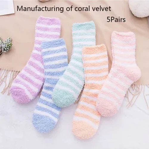 5 Đôi Tất Nữ Mùa Thu Đông Sọc Nỉ Mặc Ngủ Tất Dày Ấm Áp Giữa Bắp Chân Nhà Tất Đơn Giản tầng Tất