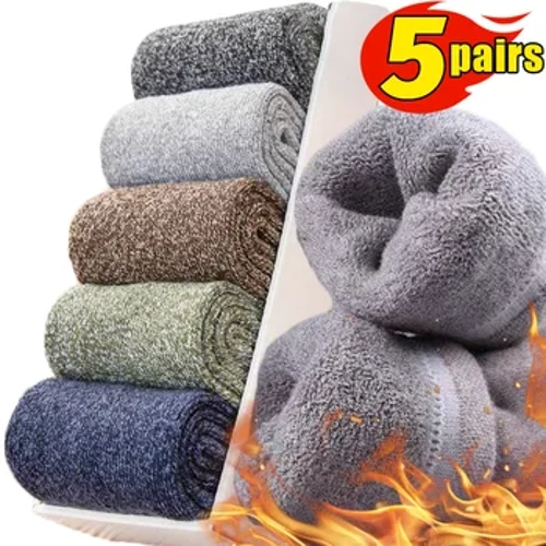 5 Çift Süper Kalın Kış Yünlü Merino Çoraplar Erkekler İçin Havlu Termal Sıcak Spor Çorapları Pamuklu Erkek'in Soğuk Kar Botu Terry Sock
