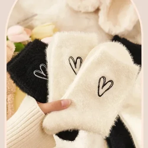 1/2 Đôi Ấm Cúng Có Lông Chồn Nhung Tất Thu Đông Hàng Dệt Kim Dày Sang Trọng Giấc Ngủ Ấm Áp Nhà Lông Tơ Trắng Hình Trái Tim tất