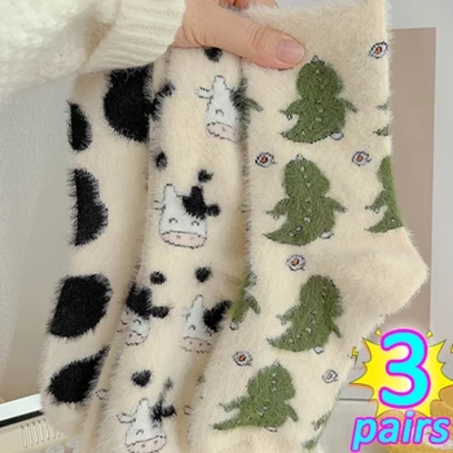 1/3 par lurviga mink sammetsstrumpor Söt tecknad imitation kofläckstrumpa Vinter Varm plysch Hem Golv Sovkläder Strumpa