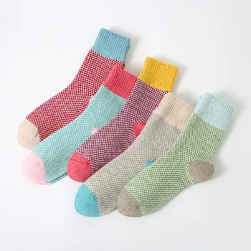 5 pares de calcetines de lana a cuadros de alta calidad para mujer, calcetines gruesos y cómodos para otoño e invierno, calcetines aislantes transpirables para el suelo