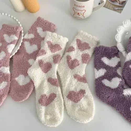 Mùa Đông Dày Len San Hô Ấm Giữa Ống Tất Trái Tim Đáng Yêu Đôi Tất Cotton Ngủ Tất Nhà Tầng Tất Vớ Nữ Dễ Thương tất