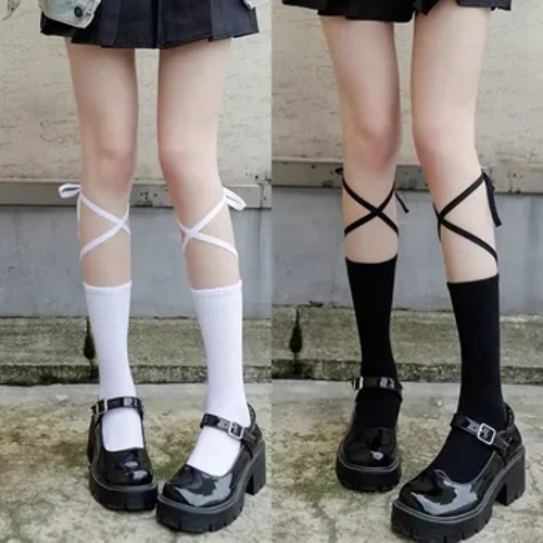 Preppy Dây Đeo Chéo Bê Tất JK Thời Trang Hàn Quốc Giữa Ống Tất Bé Gái Mùa Hè Đôi Tất Cotton Đen Trắng