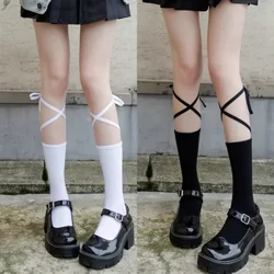 Calcetines de pantorrilla con correa cruzada Preppy JK, moda coreana, calcetines informales de tubo medio, calcetines de algodón de verano para niñas, negro y blanco