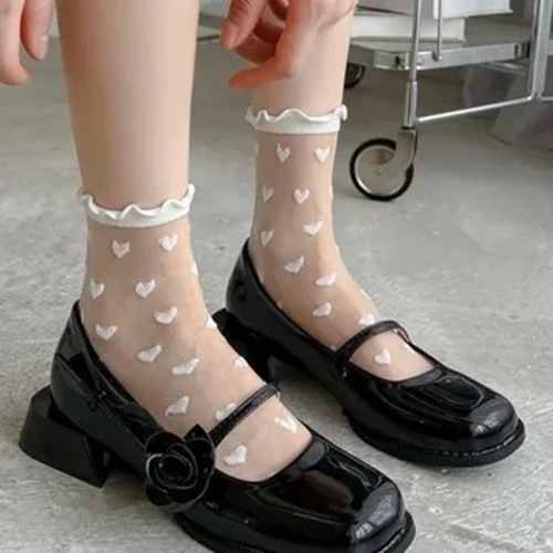 Merched Sexy Ruffled Cariad Cariad Patrwm Sanau Hir Tenau JK Gwisg Lolita Gwydr Melys Ffibr Tryloyw Ins Arddull Sanau Lace Du