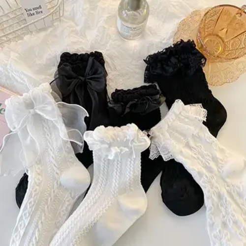 Lolita Melys Bow Lace Sanau Tiwb Canolog Merched Du Gwyn JK Corea JK Cotwm Meddal Hosan Anadladwy Kawaii Achlysurol Benyw