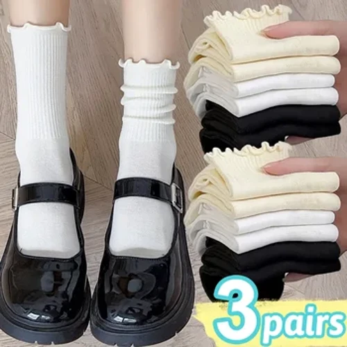 Calcetines Harajuku con volantes para mujeres y niñas, calcetines blancos y negros de tubo medio de algodón dulce, calcetín corto holgado hasta el tobillo suave y transpirable