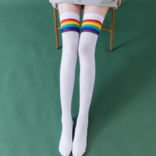 Sopra il ginocchio Lolita Calze lunghe Calze da donna Cotone JK Tubo alto Striscia arcobaleno Calzini alti al ginocchio Calzini Lolita college al polpaccio Kawaii