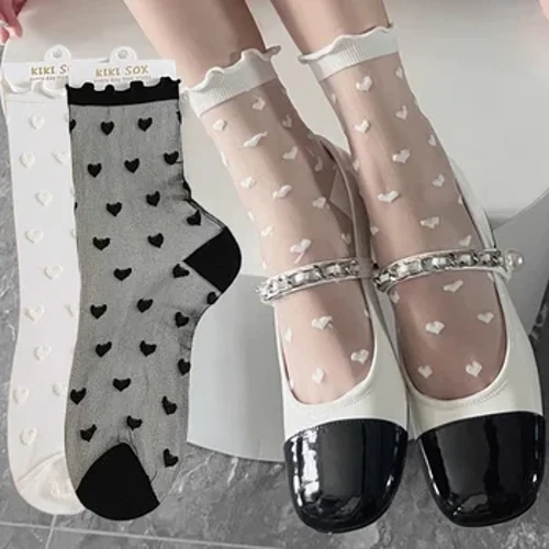 Dulce Lolita calcetines de encaje de seda lindo con volantes amor corazón patrón calcetines finos mujeres niñas JK malla cristal Negro transparente calcetín blanco