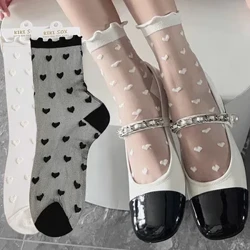 Calzini di pizzo di seta dolce Lolita Calzini sottili con motivo a cuore d'amore increspato carino Calzini sottili da donna per ragazze JK Calzino bianco nero trasparente in cristallo trasparente