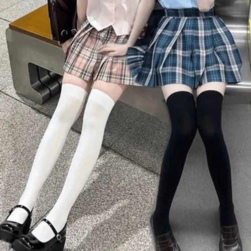 1/2 çift JK Siyah Beyaz Düz Renk Uzun Çorap Kadın Diz Üstü Uyluk Yüksek Diz Üstü Çorap Lolita Bayanlar Kızlar Diz Çorap