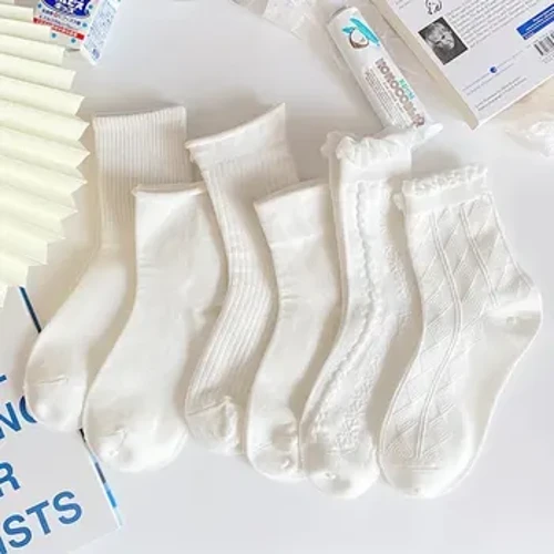 Đôi Tất Dài Đến Giữa Bắp Chân Màu Trắng Trơn Nữ Phong Cách JK Mỏng Tất Dài Cotton Dễ Thương Cho Mùa Xuân/Hè