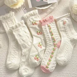 5 Đôi Tất Nhật Bản Dễ Thương Bông Tai Kẹp lolita Bột Trắng Tất JK Cô Gái Hoa Anh Đào Vớ Ống Sinh Viên Đại Học Tất Ren