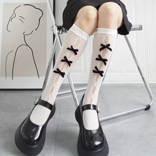 Stocaí Bow JK Hollow Dubh Bán Lolita Stocaí Glan Iascaireachta Stocaí Fada Glún Ard-fheadáin Cailíní Faisean Kawaii Cosplay Sexy Nylon