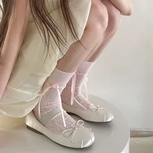 JK Kawaii носки для девочек в балетном стиле с лентой и бантом, милые милые длинные носки, женские черные, белые носки в японском стиле Лолита для девочек