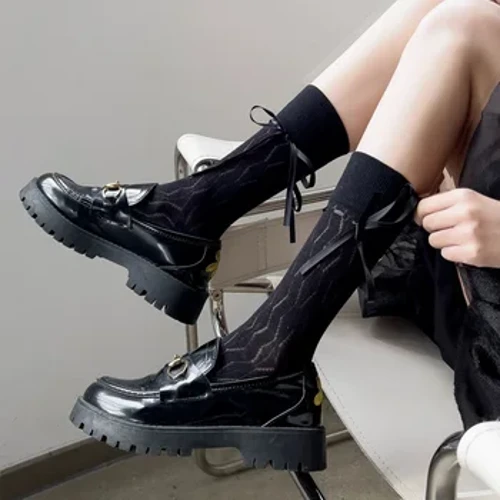 JK Gothic Nữ Sweet Tất Nơ Hàn Quốc Kawaii Ba Lê Nơ Băng Dễ Thương Tất Dài Thời Trang Bé Gái Cotton Đen Trắng Sock