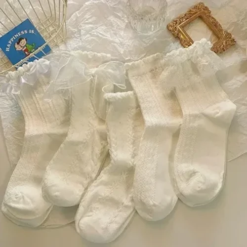 5 Đôi Tất Gothic Tất Trắng Thắt Nơ Tất Ống Giữa Nhật Bản Đại Học Phong Cách Tất Công Chúa Sweet JK Dạo Phố Đàn Hồi Thông Minh