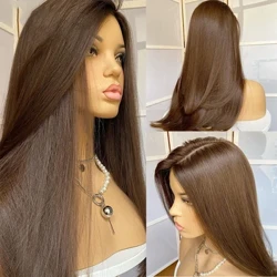 Rhan Rhad ac Am Ddim 26 modfedd Hir Brown Brown Syth Forwyn Ewropeaidd Gwallt Dynol Wig Iddewig 13x4 Lace Blaen Kosher Sheitel Wig i Ferched