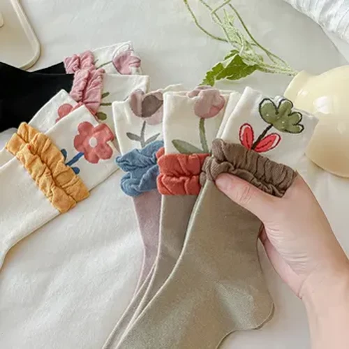 Blomstertryk Flæsestrømper Kvinder Koreansk Mode Harajuku Vintage Sokker JK Japansk Mode Lacework Søde Piger Kawaii Søde Sokker